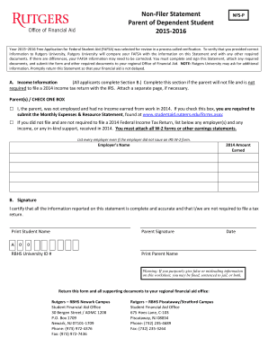 Non-Filer Statement for Parent of Dependent Student