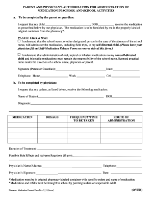 Parent and Physician Medication Authorization Form