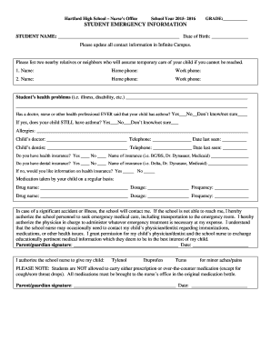 Hartford High School Student Emergency Information Form