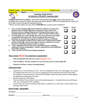 Santiago High School Schedule Pickup Checklist