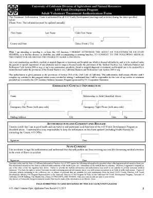 4-H Adult Volunteer Treatment Authorization Form