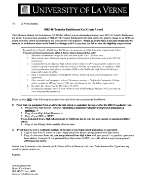 2015-16 Transfer Entitlement Cal Grant Verification Form