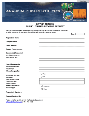 City of Anaheim Public Utilities Records Request