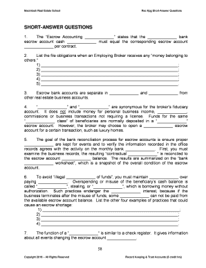 Real Estate Escrow Accounting Short-Answer Questions