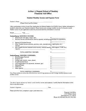 Student Monthly Income and Expense Form