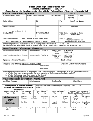 Tolleson Union High School District Student Information Form