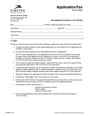 Symetra Life Insurance Application Cover Sheet
