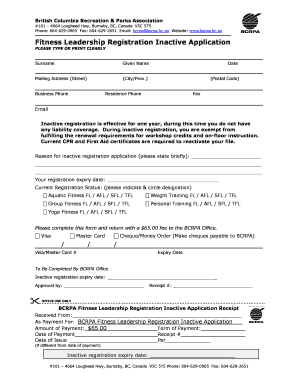 BCRPA Fitness Leadership Inactive Registration Application