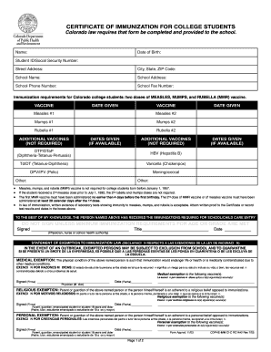 Colorado College Student Immunization Certificate