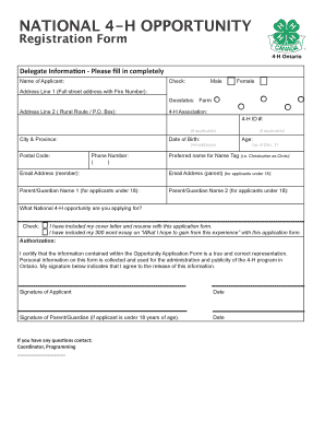 4-H Ontario National Opportunity Registration Form