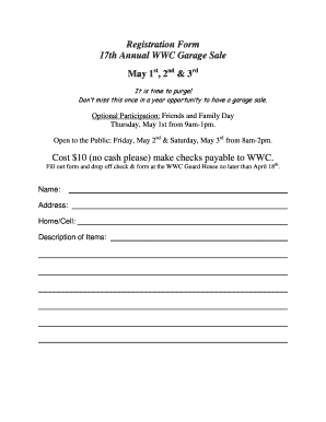 Registration Form 17th Annual WWC Garage Sale May 1st, 2nd &amp