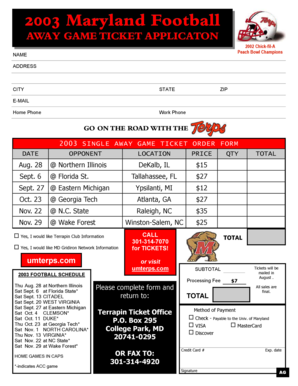 2003 Maryland Football Away Game Ticket Application