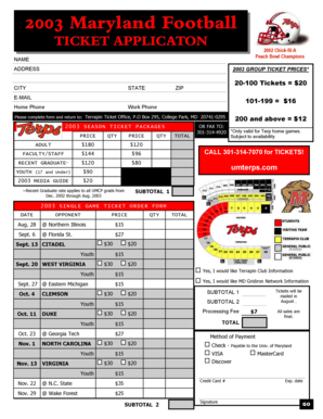 2003 Maryland Football Ticket Application