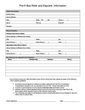 Pre-K Bus Rider and Daycare Information Form
