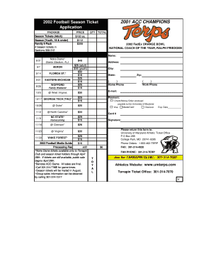2002 University of Maryland Football Season Ticket Application