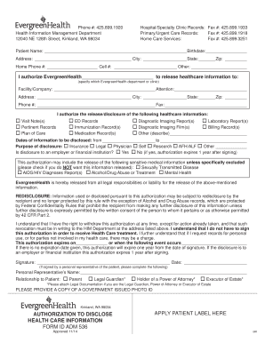EvergreenHealth Authorization to Disclose Health Care Information
