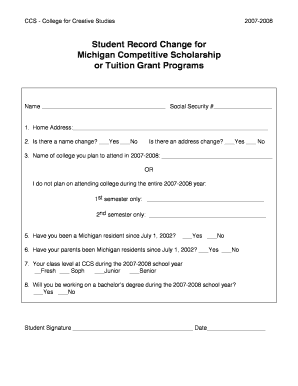 Michigan Competitive Scholarship Student Record Change Form