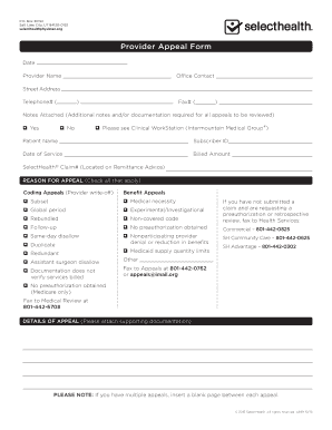 SelectHealth Provider Appeal Form