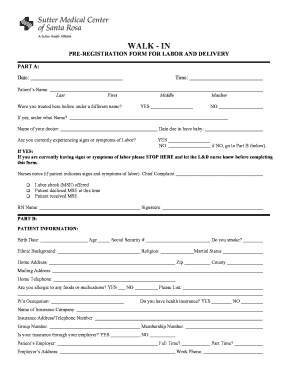 Walk-In Pre-Registration Form for Labor and Delivery