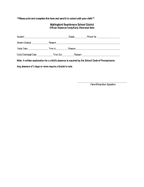 Absence Tardy Early Dismissal Note