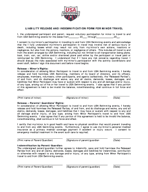 USA Swimming Minor Travel Liability Release Form