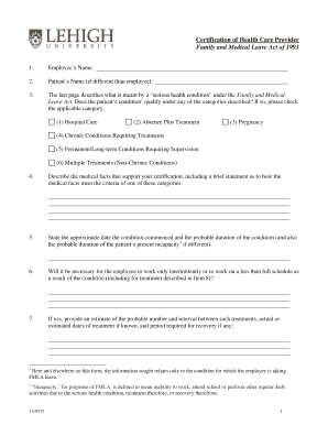FMLA Certification of Health Care Provider