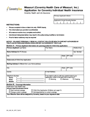 Coventry Missouri Individual Health Insurance Application