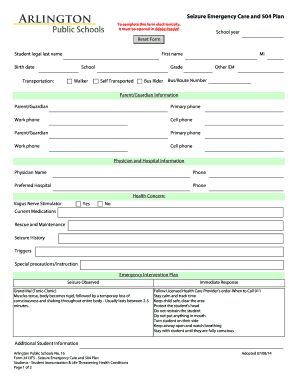 Seizure Emergency Care and 504 Plan