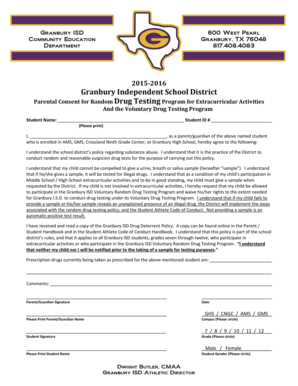 Granbury ISD Parental Consent for Drug Testing
