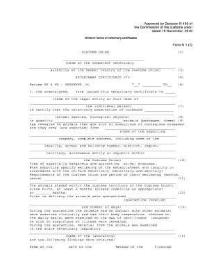 Customs Union Veterinary Certificate Form N 1