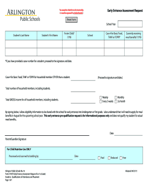 Early Entrance Assessment Request Form