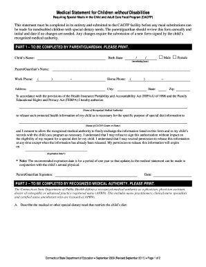 Medical Statement for Special Meals in CACFP