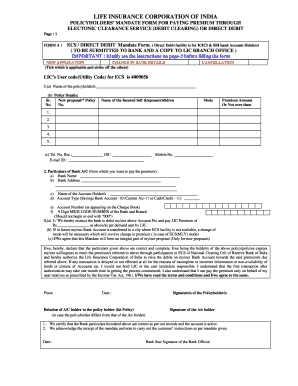 LIC India ECS Direct Debit Mandate Form