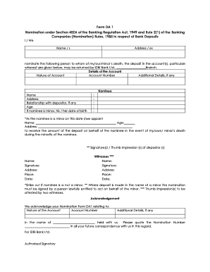 Nomination Form DA1 for Bank Deposits