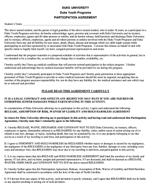 Duke University Youth Programs Participation Agreement