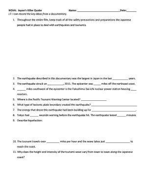 Earthquake and Tsunami Documentary Worksheet