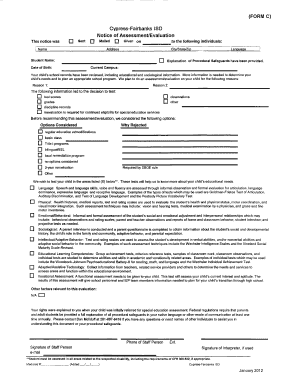 Notice of Assessment/Evaluation