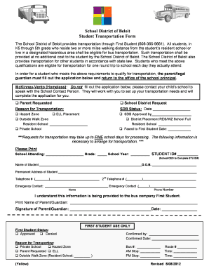 School District of Beloit Student Transportation Form