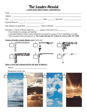 Laminated Obituary Memorial Order Form