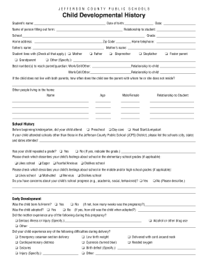 Jefferson County Child Developmental History Form