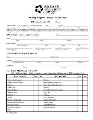 Nursing Program Student Health Form
