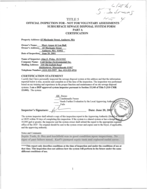 Massachusetts Subsurface Sewage Disposal System Inspection Form
