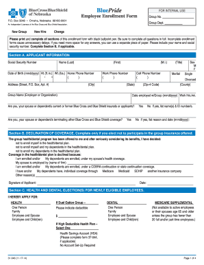 Employee Enrollment Form for Blue Cross and Blue Shield