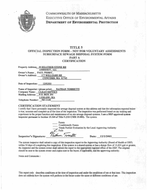 Massachusetts Subsurface Sewage Disposal System Inspection Form