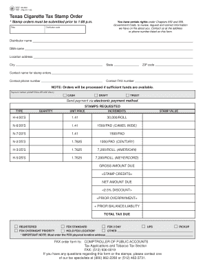Texas Cigarette Tax Stamp Order Form