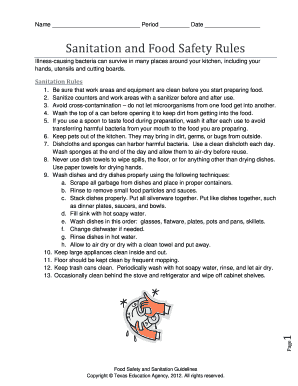 Sanitation and Food Safety Rules Worksheet