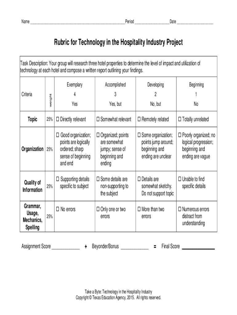 Rubric for Technology in the Hospitality Industry Project Hospitality and Tourism - cte sfasu Preview on Page 1