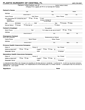 Plastic Surgery Patient Information Form