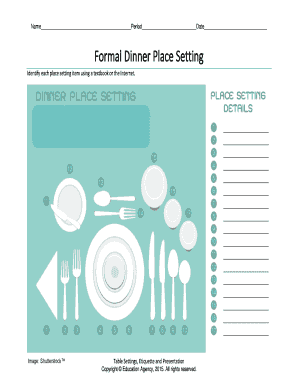 Formal Dinner Place Setting Worksheet