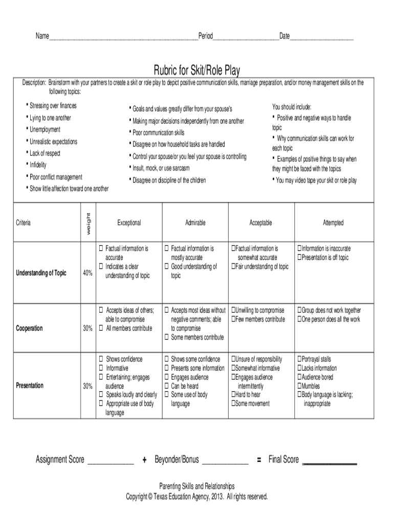 rubrics for role playing Preview on Page 1